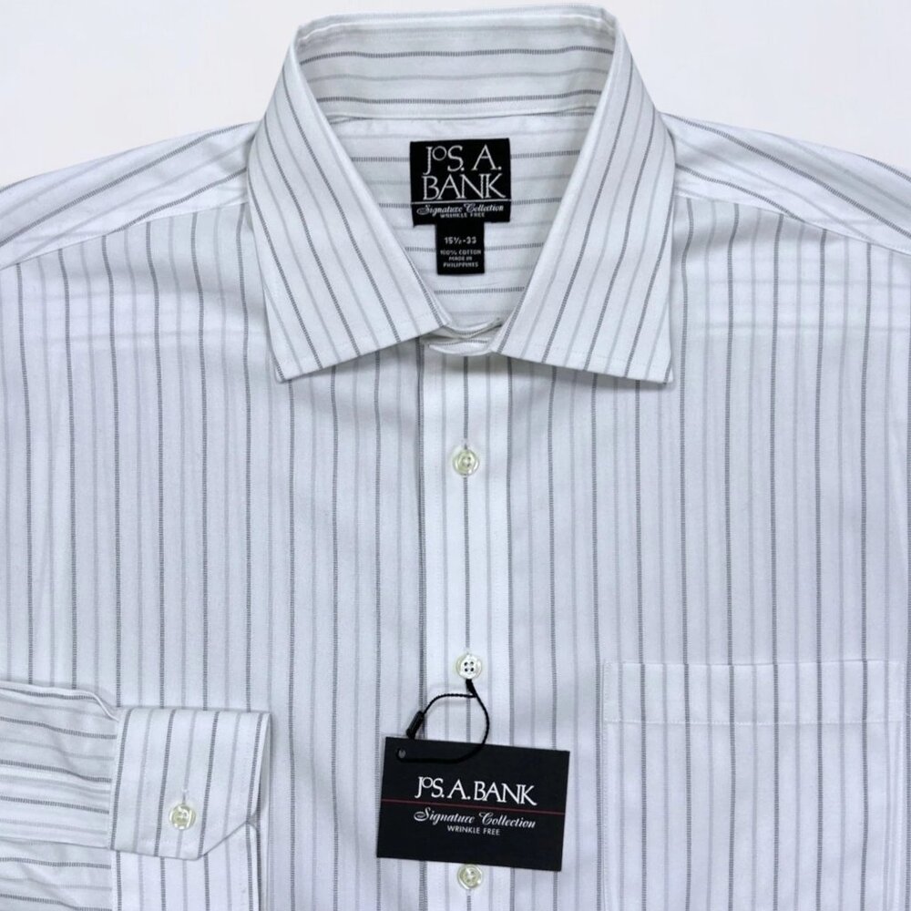 NEW Jos A Bank Shirt Men's 15.5 White Striped Signature Button Up Long Sleeve